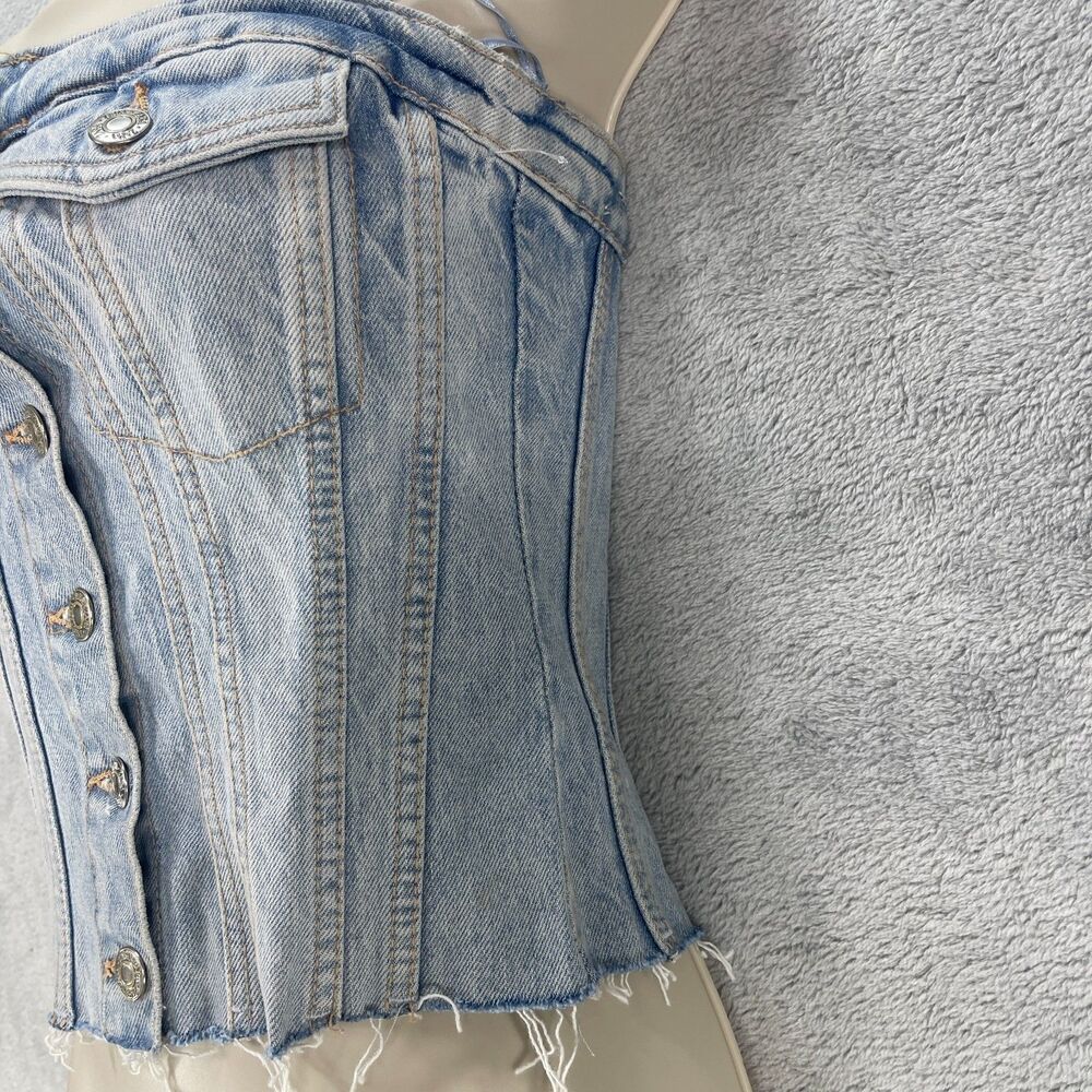 Zara Bustier Top Women's XS Blue Denim Cotton Stretch Smocked Back Strapless - Picture 11 of 13
